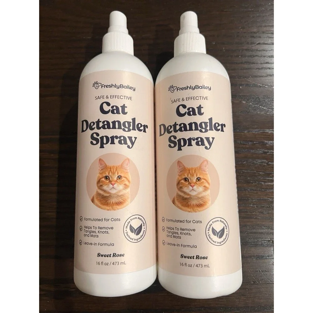 2 Bottles Freshly Bailey Cat Detangler Spray Natural Leave-In Conditioner 16Oz